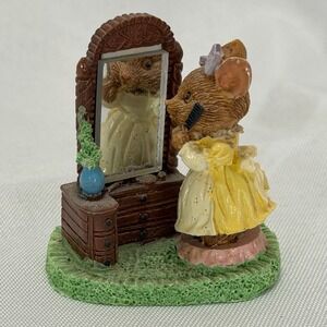 Vintage Enesco Mouse Vanity Mirror Figurine 1990 Yellow Dress Cottagecore